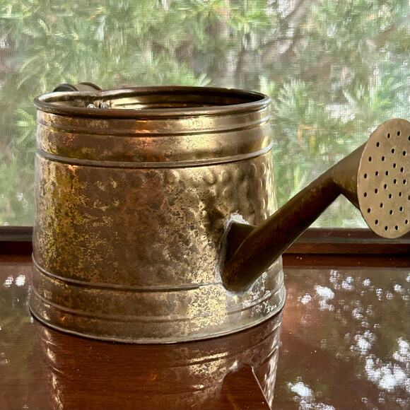 Vintage Hammered Brass Watering Can – 14” Long, Rustic Decor - Picture 10 of 15